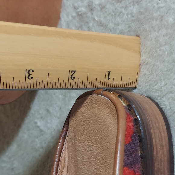 Vintage Red Brown Turkish Wool Rug Mules Slip Ons Stacked Wood Block Heels - Picture 13 of 16